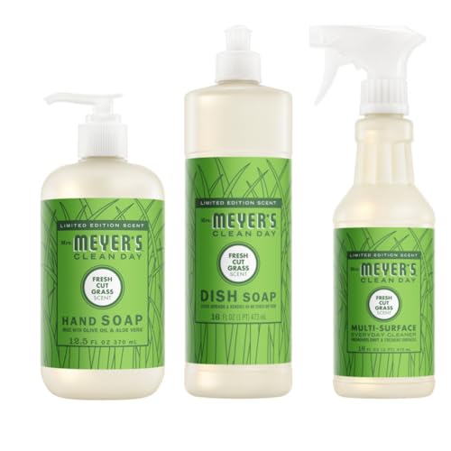 Image of Mrs. MEYER'S CLEAN DAY Fresh Cut Grass 3 Pack Variety, Liquid Hand Soap 12.5 OZ, Liquid Dish Soap 16 OZ, Multi-Surface Cleaner 16 OZ, 1 CT