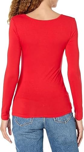 MANGOPOP Womens Long Sleeve Square Neck T Shirts Tops Fitted Tees(Red, Small)