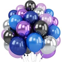 Outer Space Balloons, 12 Inches Galaxy Blue Purple Balloons with Metallic Black Silver Balloon, Outer Party Decorations for Kids Boys Astronaut Space Birthday Party Decoration