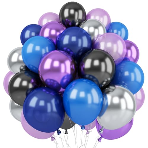 Outer Space Balloons, 12 Inches Galaxy Blue Purple Balloons with Metallic Black Silver Balloon, Outer Party Decorations for Kids Boys Astronaut Space Birthday Party Decoration
