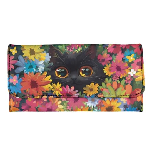 Binienty Colorful Daisy Cat Tri-Fold Clutch for Women Long Slim Wallet Blocking Purse Wallts Water Resistant Trifold Clutch Handbag for Outdoors