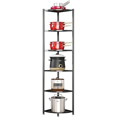 bimiti 6-Tier Kitchen Corner Shelf Triangular Corner Pot Rack Storage Shelf Multi-layer Carbon Steel Cookware Stand Home Storage Organizer Holder for Pans Pots and Kettles Cover
