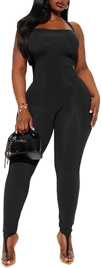 Womens Jumpsuits Solid Color Halter Neck Sleeveless Tight Fitting Sexy Party Club Night Date One Piece Long Pants