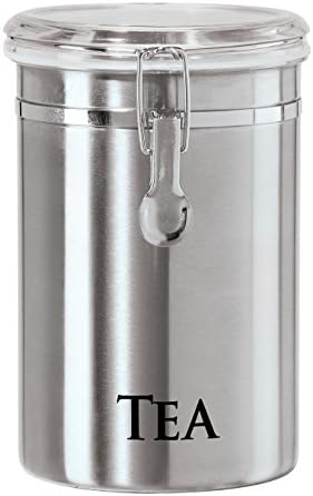 OGGI Stainless Steel Tea Canister 62oz - Airtight Clamp Lid, Clear See-Thru Top - Ideal for Tea Bag Storage, Loose Tea Storage, Kitchen Storage, Pantry Storage. Large Size 5" x 7.5".