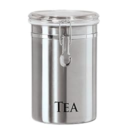 Oggi Stainless Steel Tea Canister 62 fl oz - Airtight Clamp Lid, Clear See-Thru Top - Ideal for Tea Bag, Loose Tea, Kitchen Storage, Pantry Storage. Large Size 5" x 7.5".