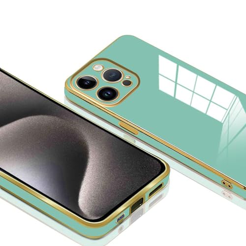 Image of Amazon Brand - Solimo Electroplated Chrome 6D Back Case Cover | Gold Plated Frame | Slim Shockproof Soft TPU | Compatible for Apple iPhone 15 Pro Max - Light Green