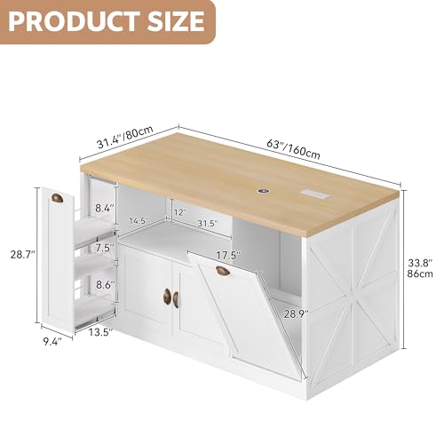 Homiflex Kitchen Island with Storage, 63\" W Large Island Table with Trash Can, Farmhouse Kitchen Islands with Power Outlet/LED, Rolling Cart with Spice Rack for Dining Room, White