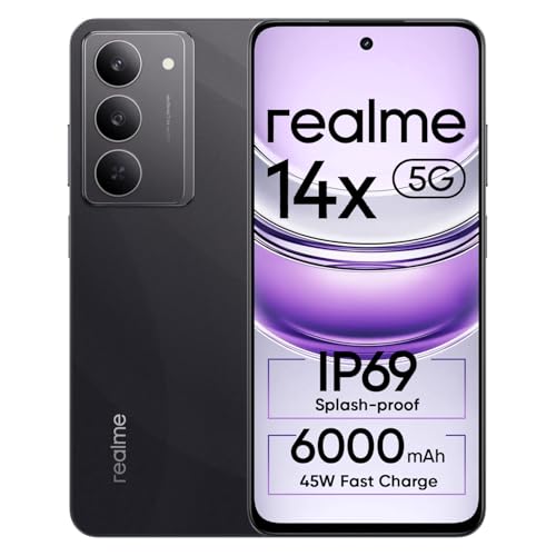 Image of realme 14x 5G Smartphone 8+128GB, 6.67-inch Screen, 120Hz Display, 6000mAh Battery, 80MP Camera, MediaTek Dimensity 6300, ArmorShell Protection, IP69, Black