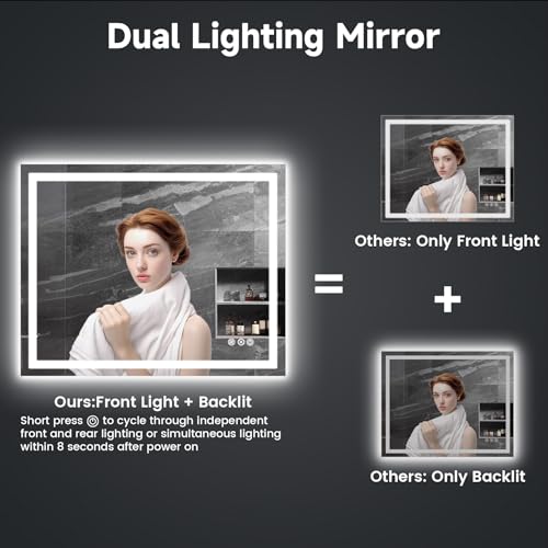 FURNIFIXTURE 32x40 Inch LED Bathroom Mirror - Lighted Vanity Mirror for Wall with Front and Backlit, Anti-Fog, Shatter-Proof, 3 Color Temperatures, Memory, Stepless Dimmable, Horizontal/Vertical, by FURNIFIXTURE - Image 2