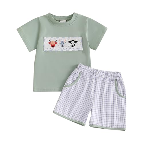 Image of Western Toddler Baby Boy Summer Clothes Cow Head Embroidery Short Sleeve T-shirt Plaid Shorts Infant Smocked Outfit