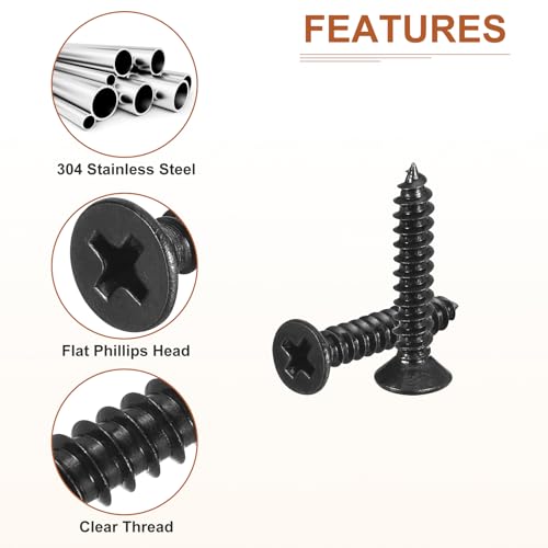 Image of DTGN 100Pcs #4x5 /8 inch Flat Head Wood Screws, 304 Stainless Steel Phillips Self Tapping Screws - Good for Woodworking, Furniture - Black