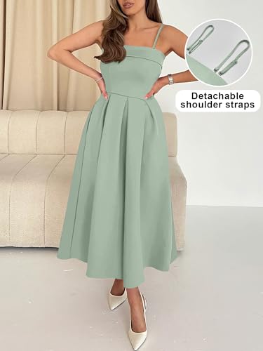 Caracilia Women’s Strapless Semi Formal Midi Dress Summer Tube Top Pleated Flowy Spring Wedding Guest Cocktail Party Dress Light Green Large — view 4