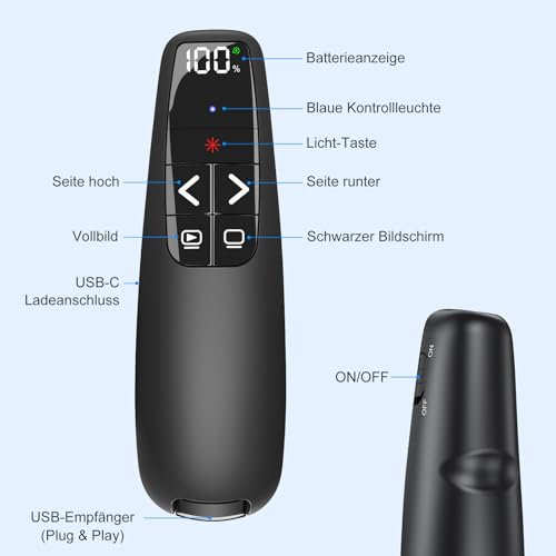 UBUYUONE Presenter USB C, Wiederaufladbar mit digitaler Batterieanzeige, Powerpoint Presenter Pointer für Präsentationen, Powerpoint Fernbedienung Präsenter für Computer Laptop Mac