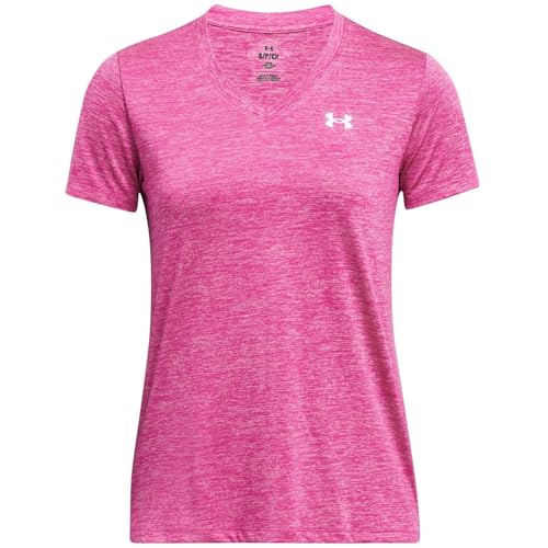 Under Armour Women's Tech Short Sleeve V-Neck Twist, Comfortable Women's T-Shirt, Versatile Gym Top for Sports, Training and Casual Wear,Super Pink / / White,LG