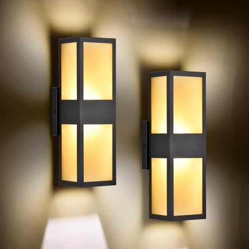 SendaLife Modern Exterior Wall Lights, Rustic Black LED Outdoor Lights with Warm Amber Lampshade, Waterproof Up and Down Outdoor Lights for House, Garage, Patio, Porch, 2 Pack