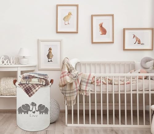 Image of 19.7 inch x 15.7 inchLaundry Basket,Round Cotton Linen Storage Bin with Drawstring Cover for Bathroom /Closet /Toys Storage(Elephants)