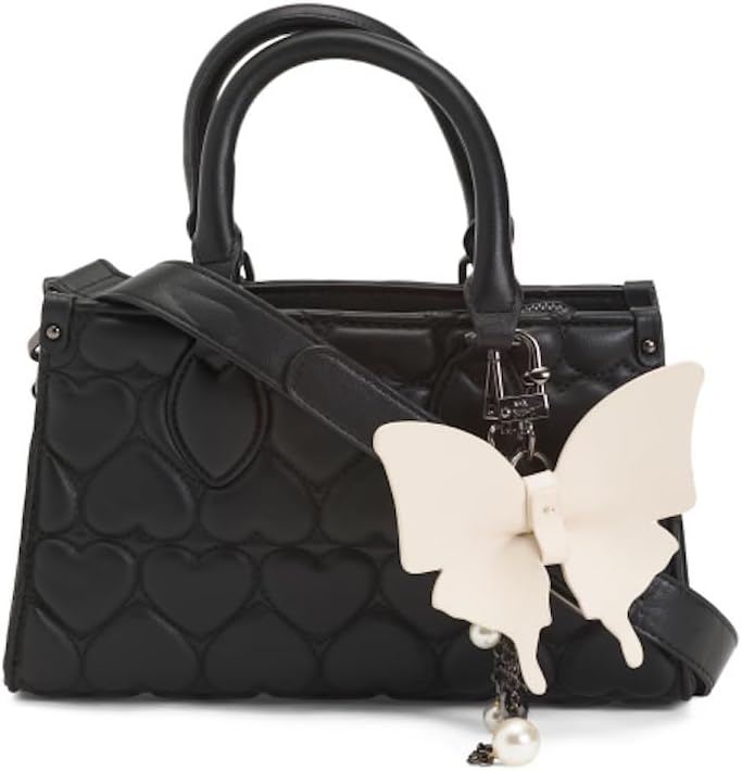 Betsey Johnson Faux Leather Heart Pattern East West Satchel with Keychain, 10in W x 6.5in H