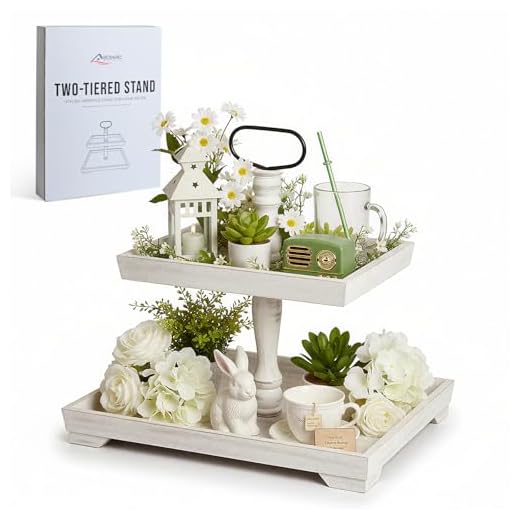 Boiarc Rustic Wooden 2 Tiered Tray Stand, Farmhouse Tiered Serving Tray Decor, Rectangle Wood Display Stands for Food Fruits Cupcake and Seasonal Festive Decorations (White)