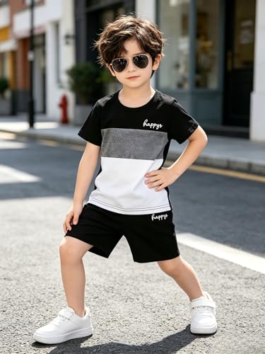 Image of Yoxindax Toddler Kid Boy Clothes Colorblock Letter Graphic Tee Shorts 2PC Summer Outfit Set