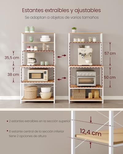 Miniatura 7 de Vasagle Estantería De Cocina, Estantería De Panadería, 6 Estantes Y 6 Ganchos, Para Microondas, Marco De Acero, Rústica, 40 X 80 X 167 Cm, Roble Dorado Y Blanco Nube Kks019w09