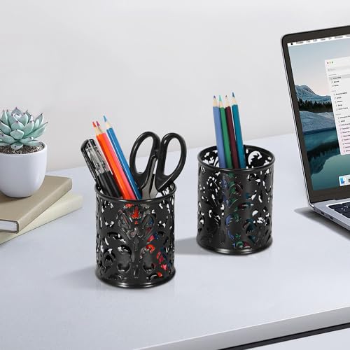 EasyPAG Black Pen Holder for Desk, 2 Pack Round Pen Organizer, Brush Holder for Vanity, Metal Pencil Cup Organizer for Home, Office, Classroom, School - Thumbnail 7
