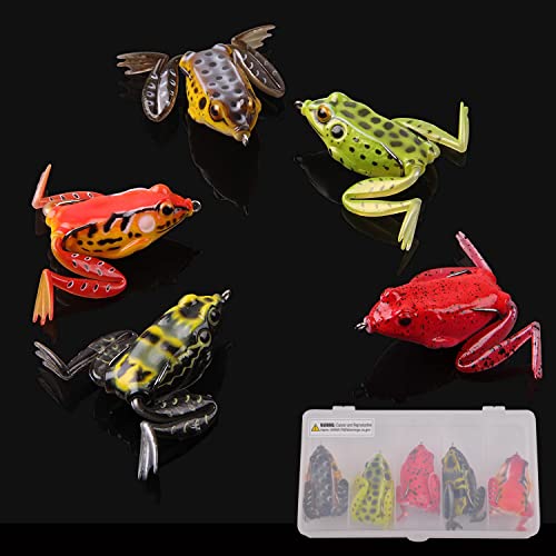 Topwater Frog Lures, Frog Lures For Bass Fishing Hollow Body Frog Lure With Double Sharp Hooks Weedless Topwater Kit Soft Frog Lure Kit For Bass Pike Snakehead Freshwater Saltwater Lure Box, 5Pcs #TOP5