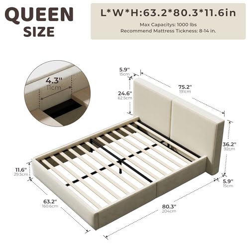 Image of RECCI Queen Platform Bed Frame with Plush Upholstered Headboard 6-Inch, Easy Assembly, Noise-Free Stability (Beige, Queen (U.S. Standard))