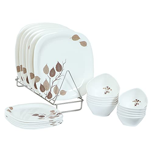 Image of Golden Fish Melamine Leaves Printed Square 6 Full Dinner Plates, 6 Half Plates & 12 Veg. Bowl Set|| Mini Dinning Set 24