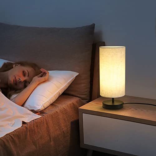 WOORFOO Bedside Table Lamp, LED Modern Nightstand Desk Lamp with Fabric Shade, Reading Nightstand Light Bedside Lamp for Bedroom, Living Room, Childrens Room, Office