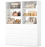 Aheaplus Closet Drawers Organizer System, 3.54FT Wood Closet System with 4 Drawers, Modular Walk-in Closets Storage Unit, Tall Bookshelf Storage Cabinet, White (2 Packs)