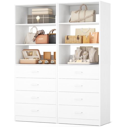 Aheaplus Closet Drawers Organizer System, 3.54FT Wood Closet System with 4 Drawers, Modular Walk-in Closets Storage Unit, Tall Bookshelf Storage Cabinet, White (2 Packs)