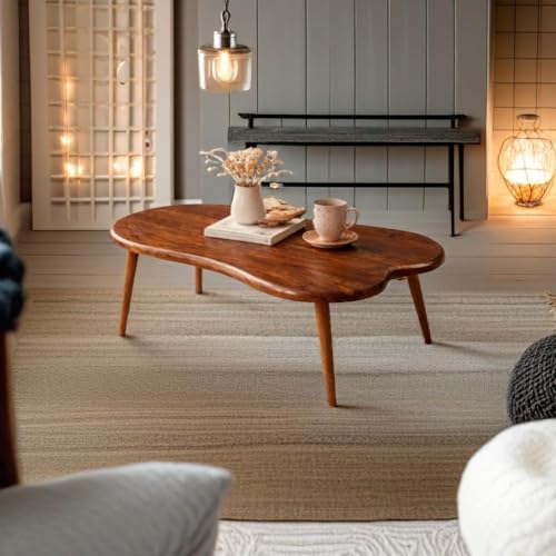 Image of Solid Sheesham Wood Coffee Table | Modern Wooden Center Table for Living Room | Oval Tea Table with Tapered Legs | Stylish Sofa Table for Lounge Area | Minimalist Cocktail Table Home Furniture | Brown
