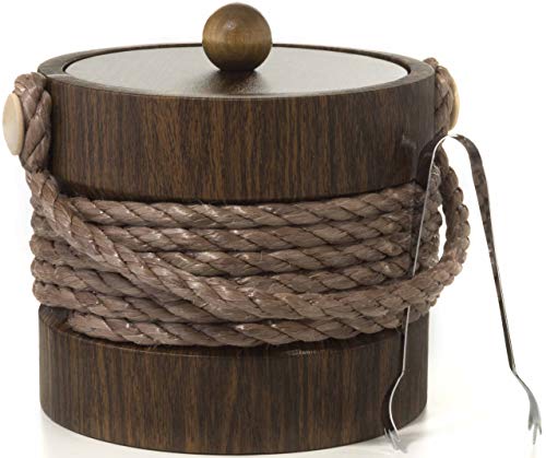 Hand Made In Usa Walnut Grain With Rope Handle Double Walled 3-Quart Insulated Ice Bucket With Ice Tongs (Nautical Collection) #TOP16