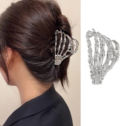Halloween Hair Claw Clip Halloween Skeleton Hand Hair Clips For Women Silver Metal Claw Clips Halloween Horror Skeleton Hand Non-Slip Jaw Claw Clips For Women Halloween Hair Accessories