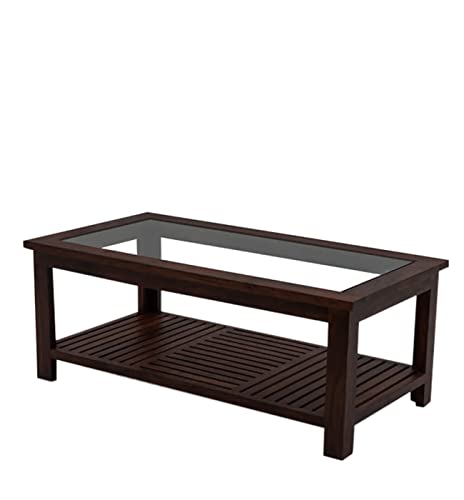 Image of Solid Sheesham Wood Modern Rectangular Coffee Table with Glass Top for Living Room with Bottom Storage Shelf /Glass Center Table for Sofa (Walnut)