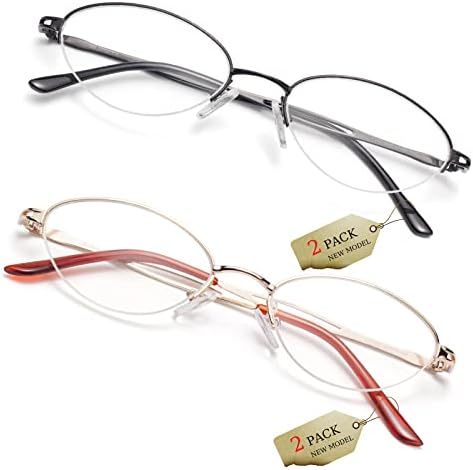 Soarea Semi-Rim Oval Reading Glasses for Women Metal Half Rim Frame Eyeglasses Blue Light Blocking Computer Readers,52MM,2Pack (Gold/Black, 150)