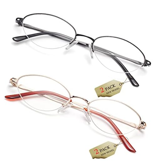 Soarea Semi-Rim Oval Reading Glasses for Women Metal Half Rim Frame Eyeglasses Blue Light Blocking Computer Readers,52MM,2Pack (Gold/Black, 150)