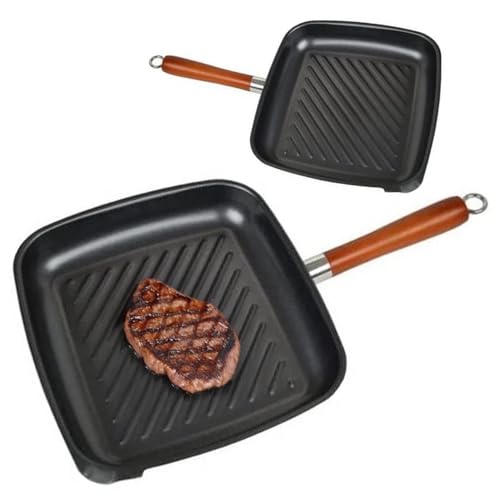 26CM Non Stick Griddle Grill Steak PAN Rosewood Handle CAST Aluminium Kitchen