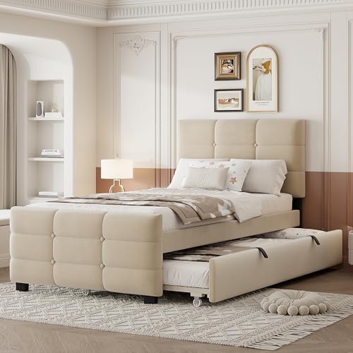 Crlnaup Cama tapizada de 90 x 190 cm con cama nido, cama individual plana en tela de terciopelo agradable a la piel (beige)