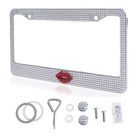 Fashion Sexy Clear Frame with Red Lips Design Crystal License Plate Frame,Exclusive Bling License Plate Holder,Waterproof Rhinestone License Plate Cover for Women(1 Frame) Cover