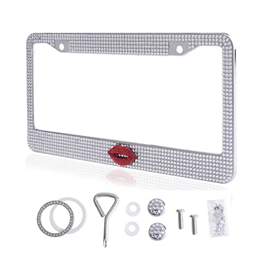 Fashion Sexy Clear Frame With Red Lips Design Crystal License Plate Frame,Exclusive Bling License Plate Holder,Waterproof Rhinestone License Plate Cover For Women(1 Frame) #TOP6