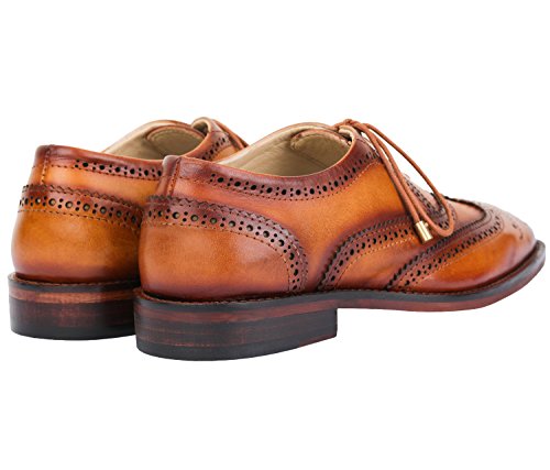 Lethato Brogue Oxford Handcrafted Men's Genuine Leather Lace up Dress Shoes with Golden Color Metal Aglets Shoelace Tips - Tan - Thumbnail 6
