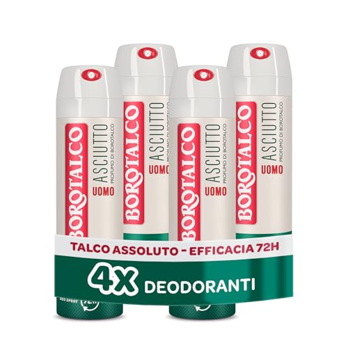 Borotalco, Deodorante Uomo Spray Asciutto Originale, con Talco Assoluto, Assorbe il Sudore, Senza Alcool, Profumo Borotalco, 72h efficacia – 4 Pezzi da 150 ml – Esclusiva Amazon