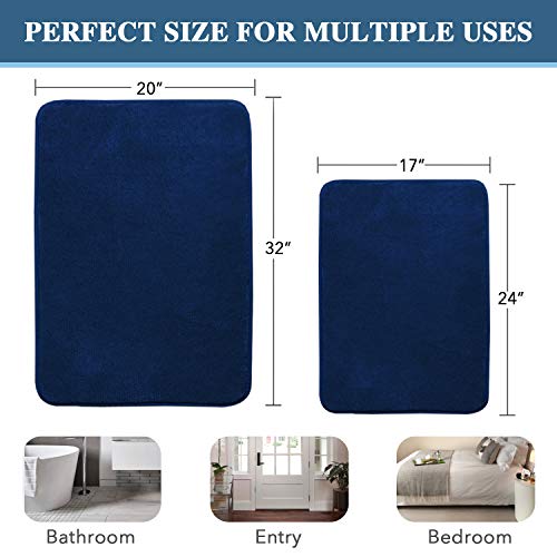 H.VERSAILTEX Bath Mat Memory Foam Set Bathroom Rug Set Flannel Velvety Bath Mat Luxury Extra Soft and Absorbent Non Slip Rugs for Bathroom/Bedroom Washable(2 Pack- 20"x 32"/ 17"x 24", Navy)