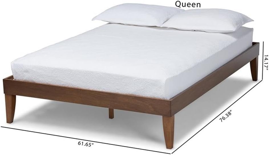 BOWERY HILL Queen Size Platform Bed Frame, 61.65 in x 81.57 in, Rubberwood, Walnut Brown Finish, Low Profile with Slats, Tapered Legs, Modern Bedroom Furniture for Mattress 60 in x 80 in