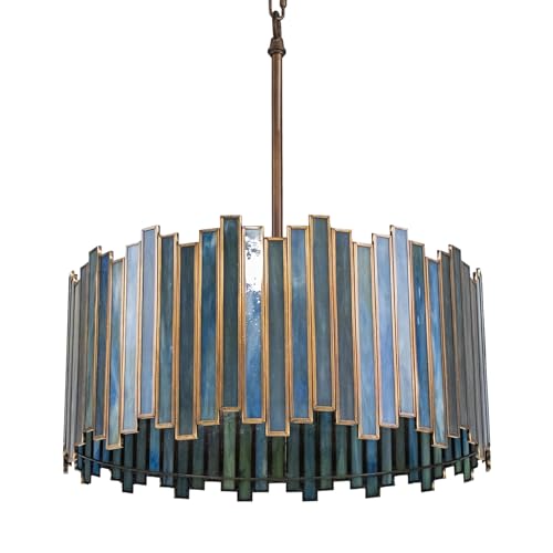 Wrlmfy Tiffany Stained Drum Chandelier, Iridescent Sage Teal Green Handcrafted Glass Shade, Brass Frame Mid-Century Modern Pendant Light, Adjustable Hanging Lamp for Kitchen Island Dining Living Room