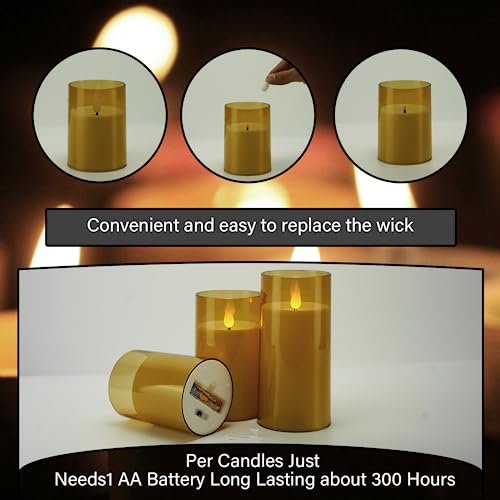 Nimiko Flameless Candles with Remote, LED Pillar Candles with 10-Key Remote Control and 2/4/6/8H Timer, Single Battery Operated Candles for Party Home Decor Set of 3 (D3 *H4 5\" 6\")(Gold)