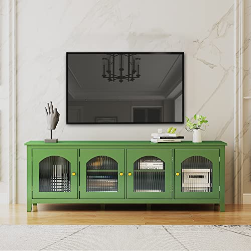 Rayblow Tv Cabinet Tv Stand For Tvs Up To 85'', Home Entertainment Center Media Console With Glass Door Decoration And Cabinets, Tv Storage Cabinet For Living Room, 70.9" X 17.7" X 24", Antique Green #TOP2