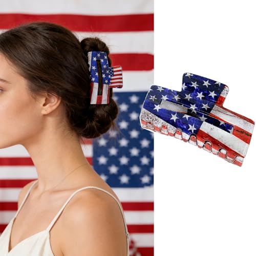 July 4th Hair Claw Clips for Women - Independence Day Rectangle Shape Claw Clip Medium Size Back of Head Shark Hair Clips Red Blue White Star Flag Design Hairpin for Holiday Decorations