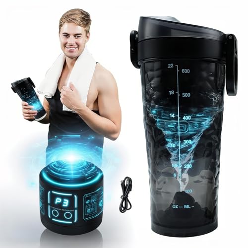 HouseUp 3 in 1 Electric Protein Shaker Bottle【15s Clump-Free Shakes】【USB Rechargeable】【Leakproof & Silent 】 for Gym/Travel, 700ml Smart Blender (Black)